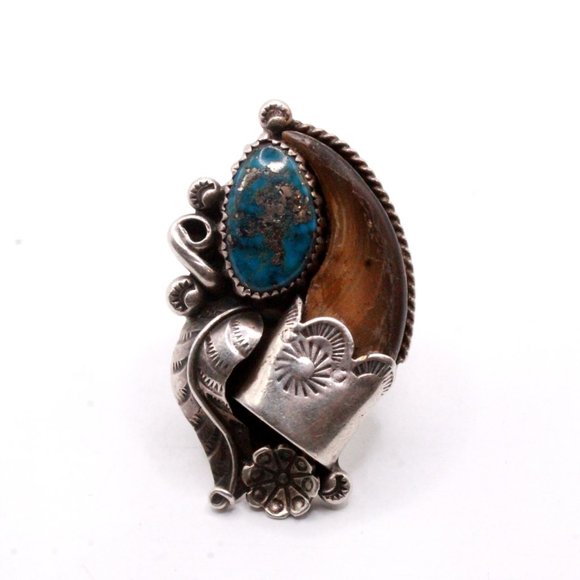Vintage Sterling Silver Native American Navajo Morenci Turquoise Bear Claw Ring - Picture 2 of 14